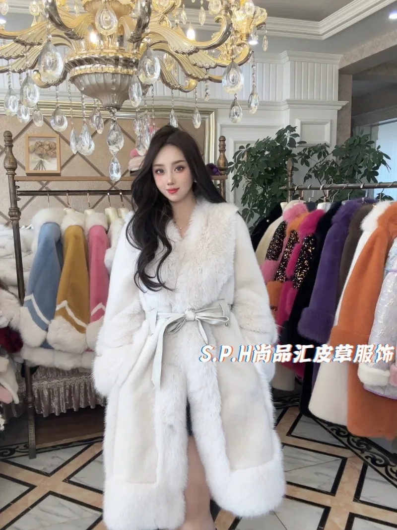 جديد الشتاء بوتيك طويلة الأكمام سترة دافئة المرأة الأوروبية المنك توكا الثعلب الشعر حزام خصر طويل الغلاف الجوي رقيقة معطف ملابس خارجية #4