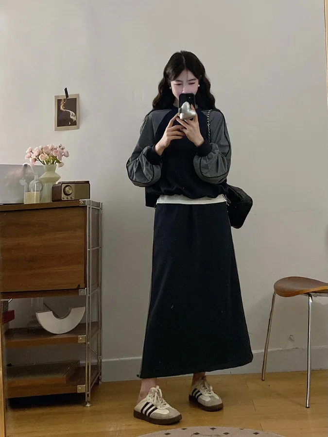 

plus Size Casual Fashion Set Women's Spring Clothes Loose Slimming Color Block Sweatshirt Drawstring Half Skirt Two Piece Set