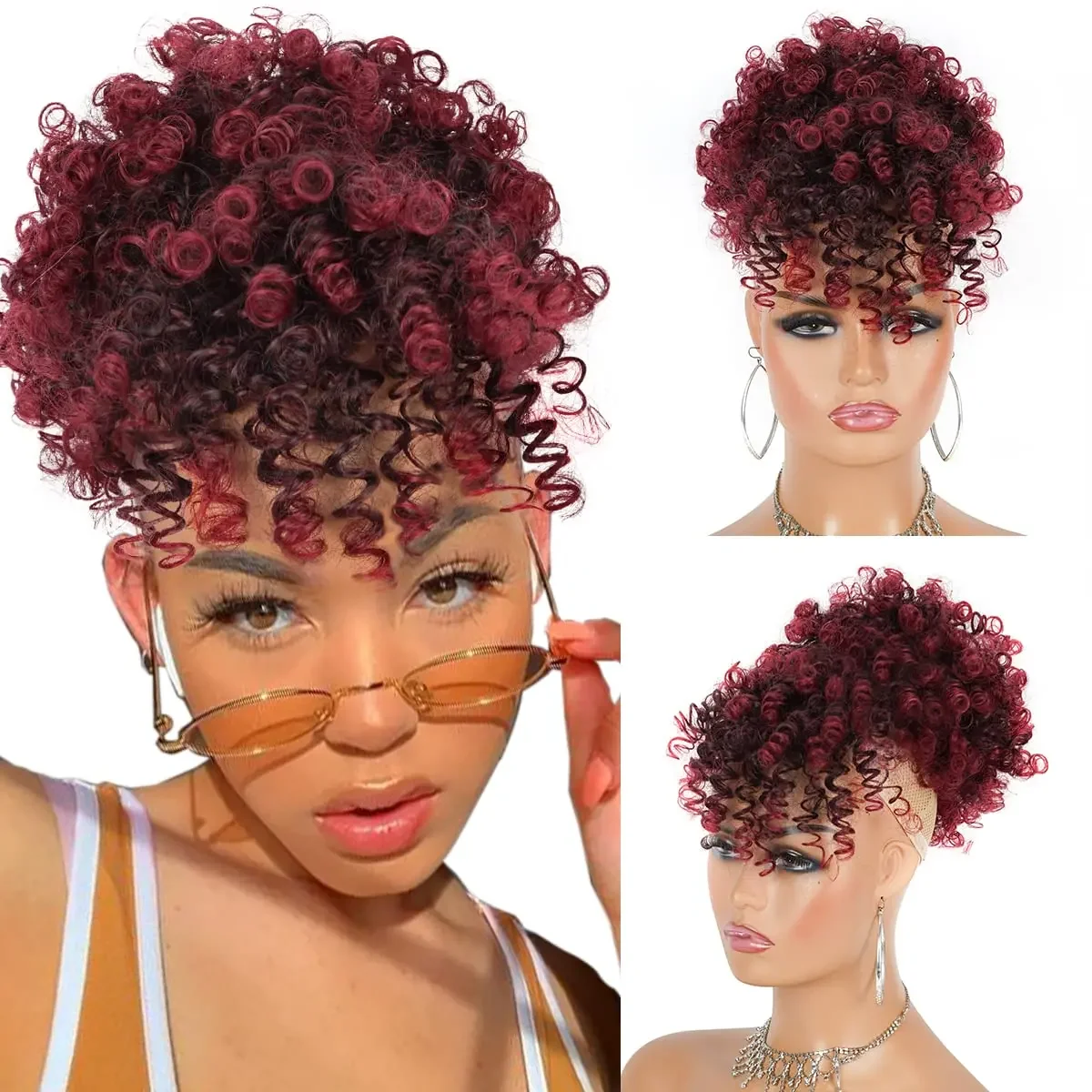 

Kinky Curly Hair Bun for Black Women Afro Puff Drawstring Ponytail with Bangs Updo Hair Clip In Extension Synthetic Chignon