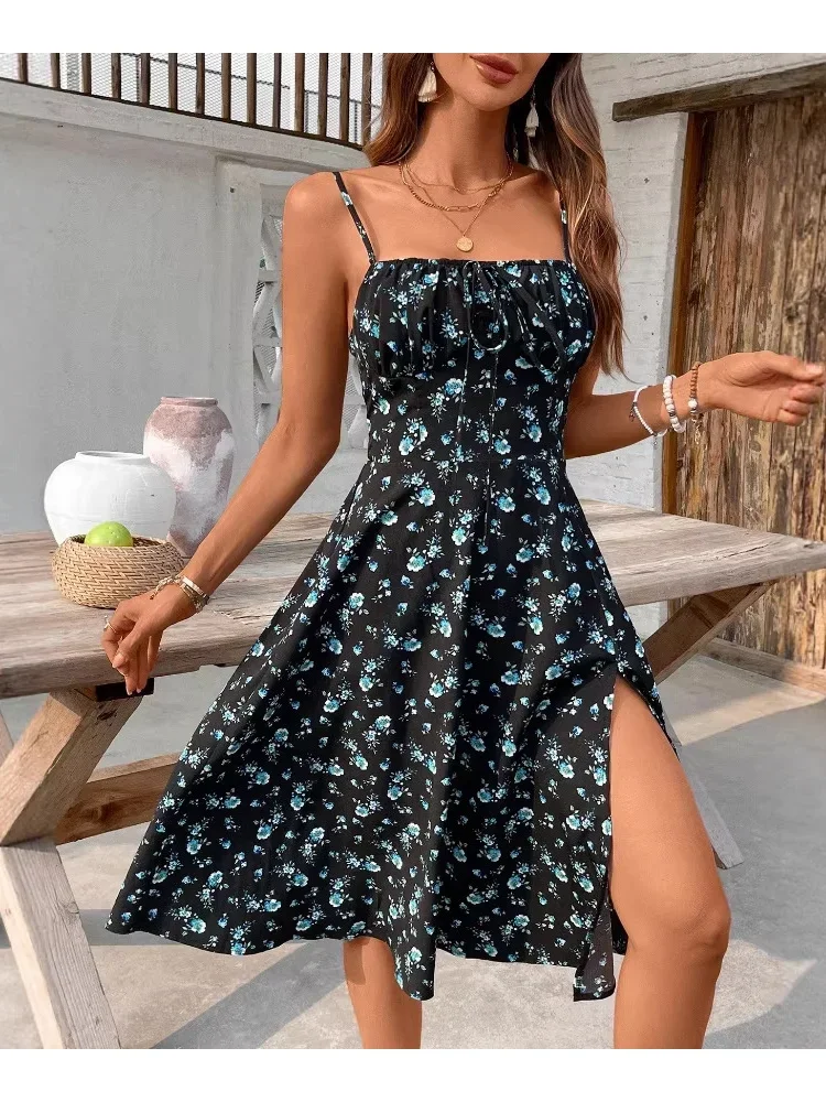 2026 Frühjahr/Sommer Neue Kollektion, Damen Schlitz-Rückenfreies Schulterriemen-Kleid in Blau mit Blumenmuster und A-Linie – Detail 2