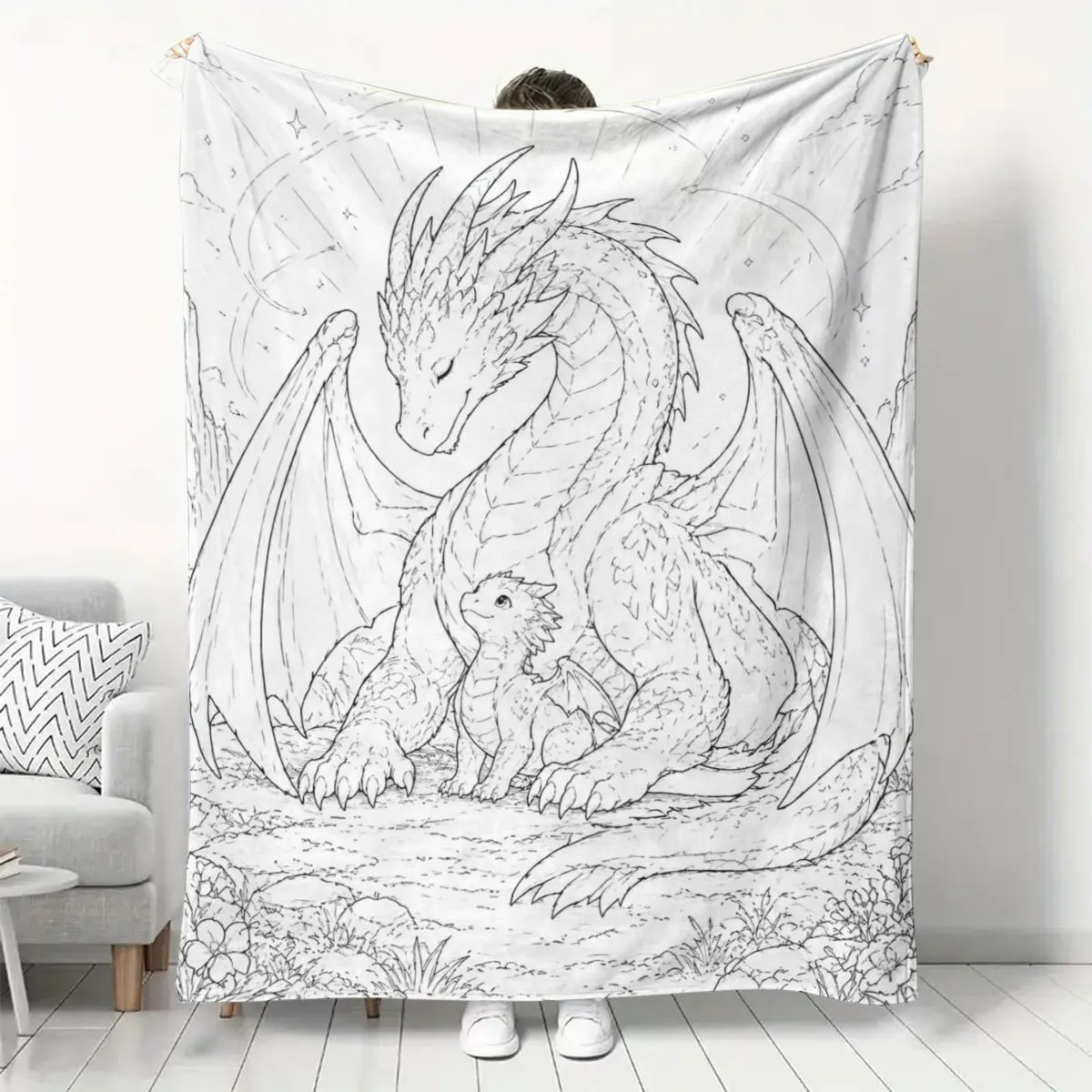 Minimalist Dragon Art Blanket Throw Boho Nursery Decor Sketch Line Drawing Kids Gift Fantasy Mythic Animal Print Cozy Fleece