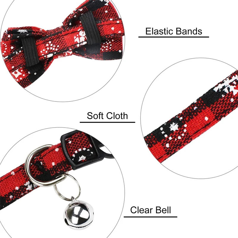 Breakaway Cat Collar with Bell and Bow Adjustable Christmas Plaid Pattern Puppy Collar Cat Necklace Kitten Accessories Chihuahua