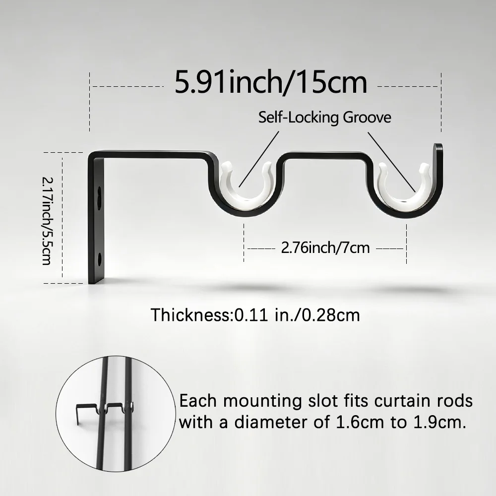 Black Double-Layer Curtain Rod Bracket, Self-Locking Double Rod Curtain Holder, Thickened Metal Curtain Bracket, Curtain Track Bracket Accessories Suitable for 1.6-1.9cm Curtain Rods, Roman Rod Fixed Base
