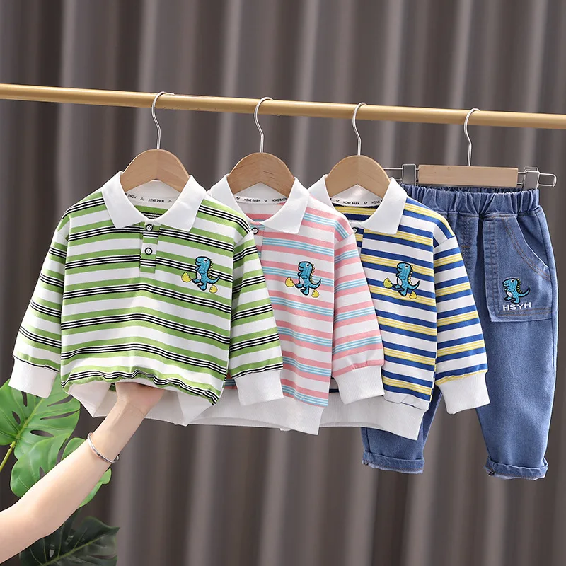 Spring Autumn Children Clothes Boys Sets Cotton Dinosaur Pullover Tops Denim Pants Bag 3Pcs Infant Casual Outfits Kids Tracksuit