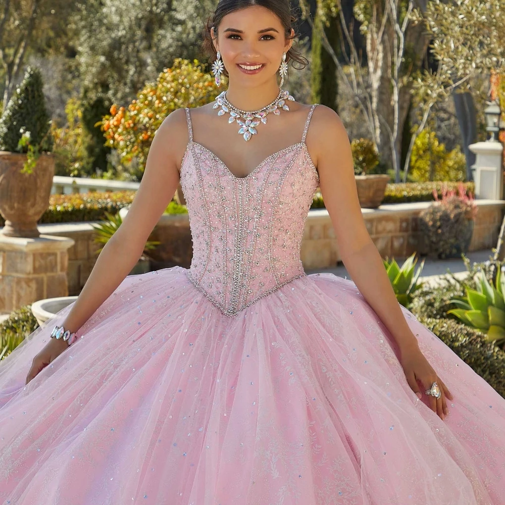 EVLAST Champagne Quinceanera Dress Ball Gown Spaghetti Puffy Sweet 16 Dress Crystal Beading corsetto Bow Vestidos XV aecos TQD100