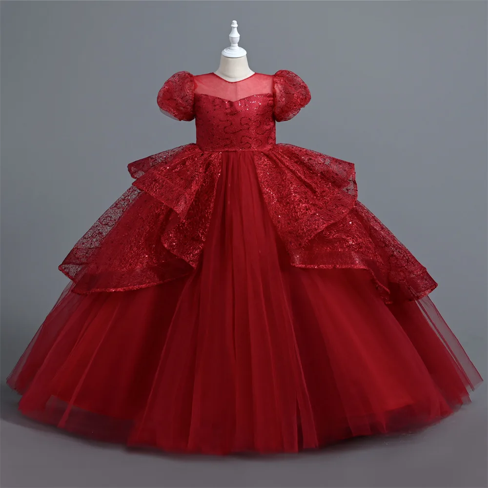 

Flower Girl Dresses Puffy Glitter Tulle Burgundy Ball Gown with Bow Cute Kid's Child Birthday Dresses First Communion Dress