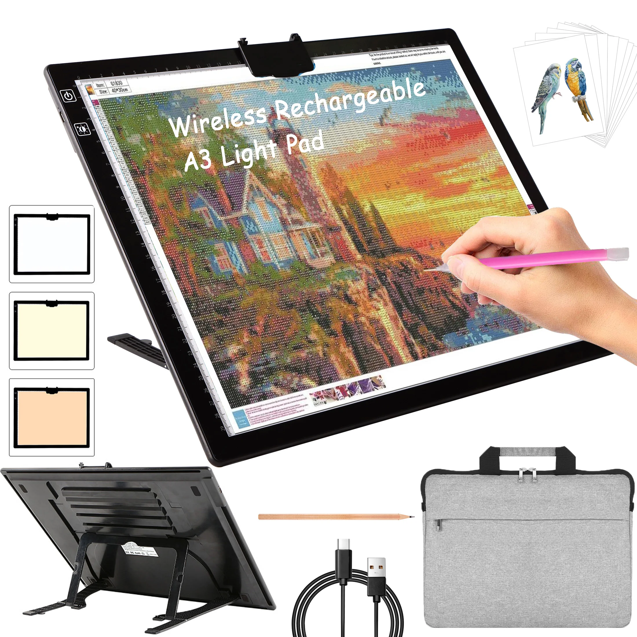 A3 Light Pad, Rechargeable Light Board for Diamond Painting, Tracing Light Box with Stand and Clip, for Tracing, Drawing