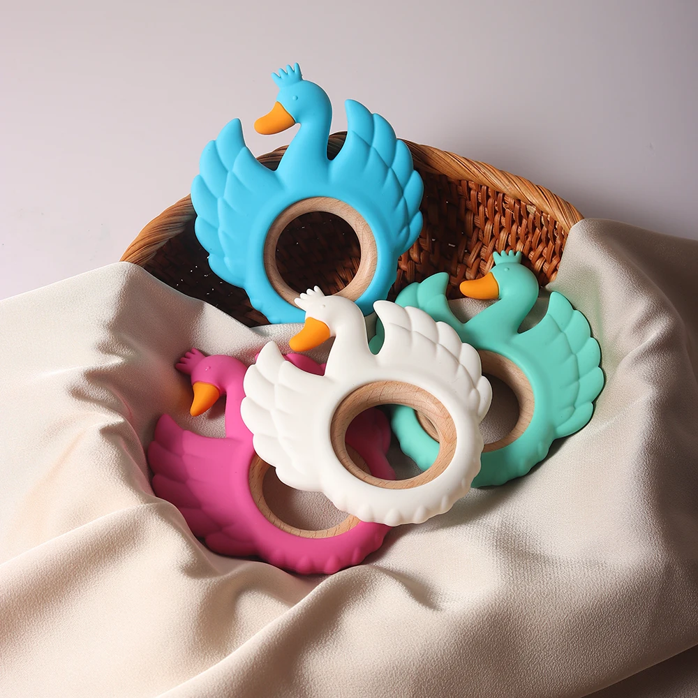 2024 new swan silicone teether Food Grade wooden ring  baby Teething toy
