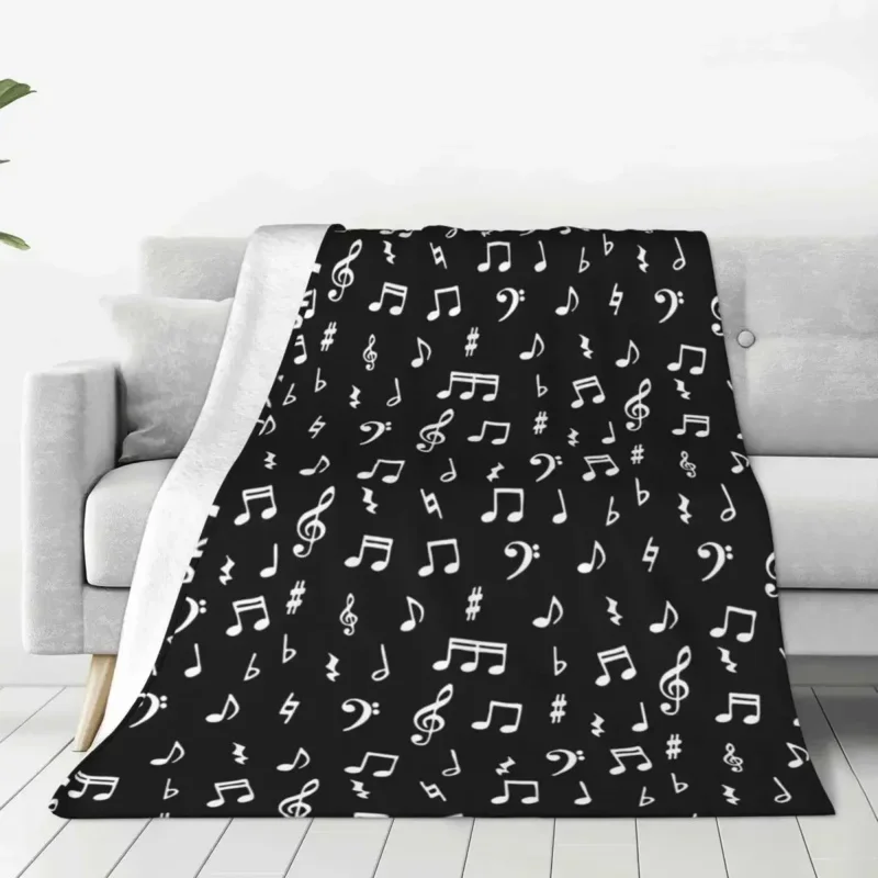 Music Notes Pattern Black And White Flannel Throw Blanket Blankets for Sofa Office Warm Quilt