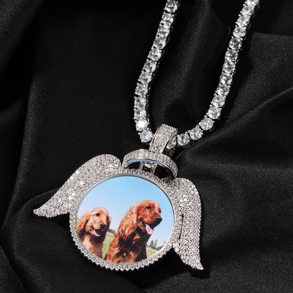 THE BLING KING Custom Round Angel Wings Photo Pendant Necklace Iced Out CZ DIY Sublimation Memory Medallions HipHop Jewelry Gift