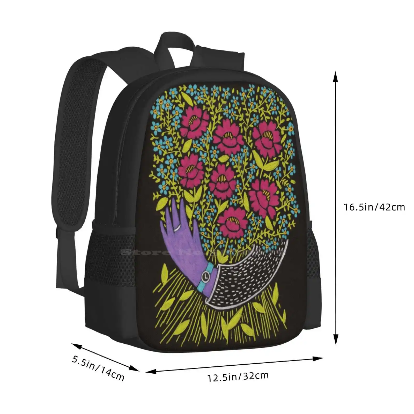 I Picked You These Flowers New Arrivals Unisex Bags Student Bag Backpack Flowers Bouquet Black Dark Colorful Hand Rings Bright