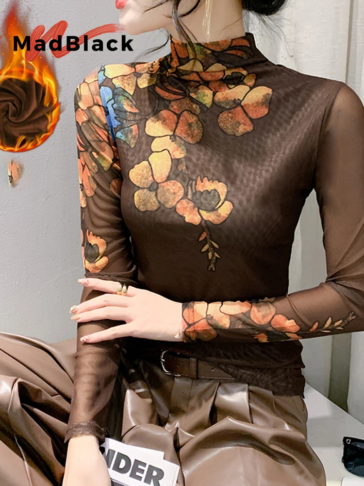 

MadBlack-Women's European Fleece T-Shirt, Sexy Turtleneck Floral Print, Fashion Long Sleeve Slim S-3XL Tee, 2025 Autumn T5N201CC