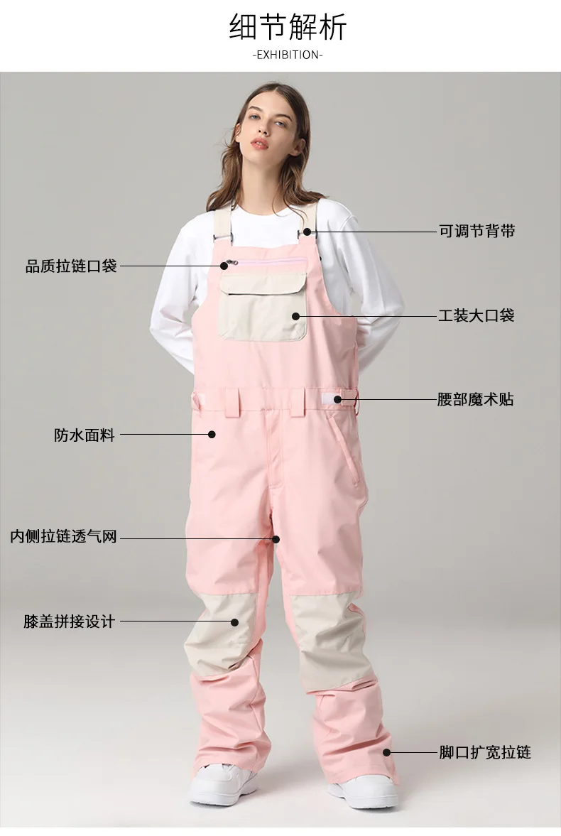 Monos de Snowboard, pantalones de esquí, trajes de esquí impermeables y de colores contrastantes, equipo de exterior de una pieza para hombres y mujeres