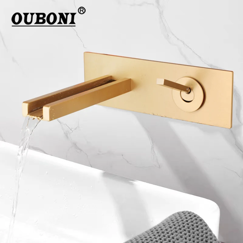 

OUBONI Brushed Gold Bathroom Basin Faucet Wall Mounted Hot and Cold Water Mixer Embedded Sink Mixer Hidden Basin Tap