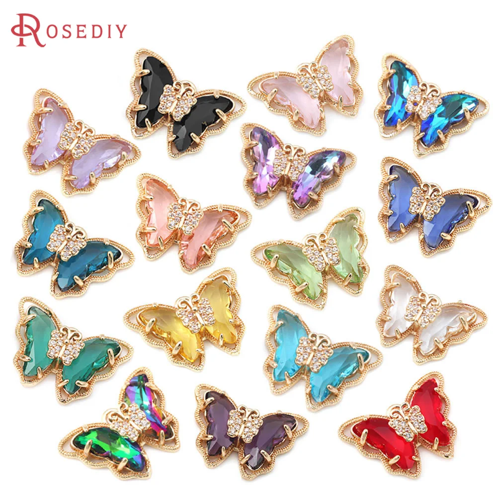 

6PCS 18K Gold Color Brass and Zircon and Glass Butterfly Charms Pendants Jewelry Making Necklace Earrings