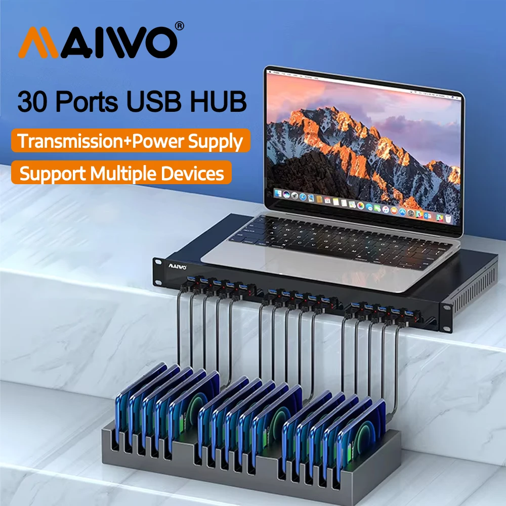 

MAIWO USB HUB 30 Ports USB3.0 Splitter 5Gbps Slim All Aluminum HUB Adapter for PC Laptop Support Multi Device Flash/Copy/Test