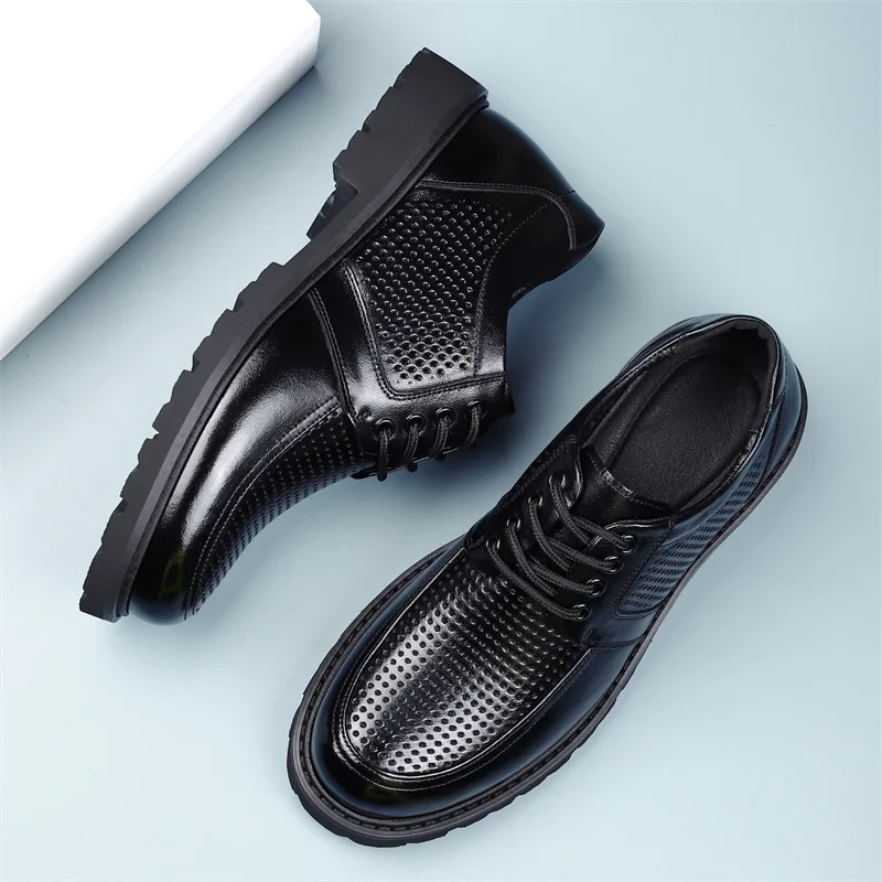 2026 Summer New Hallow Leather Shoes for Men Black Fashion Business Dress Shoes Male Lace Designer Platform Shoe Man - Image 4