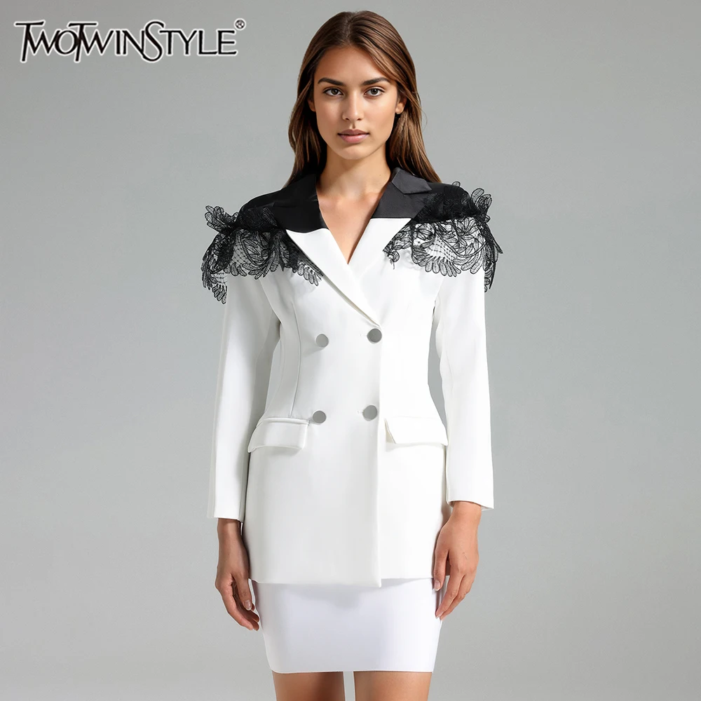 

TWOTWINSTYLE Slimming Elegant Blazers For Women Notched Collar Long Sleeve Tunic Patchwork Double Breasted Blazer Female Style