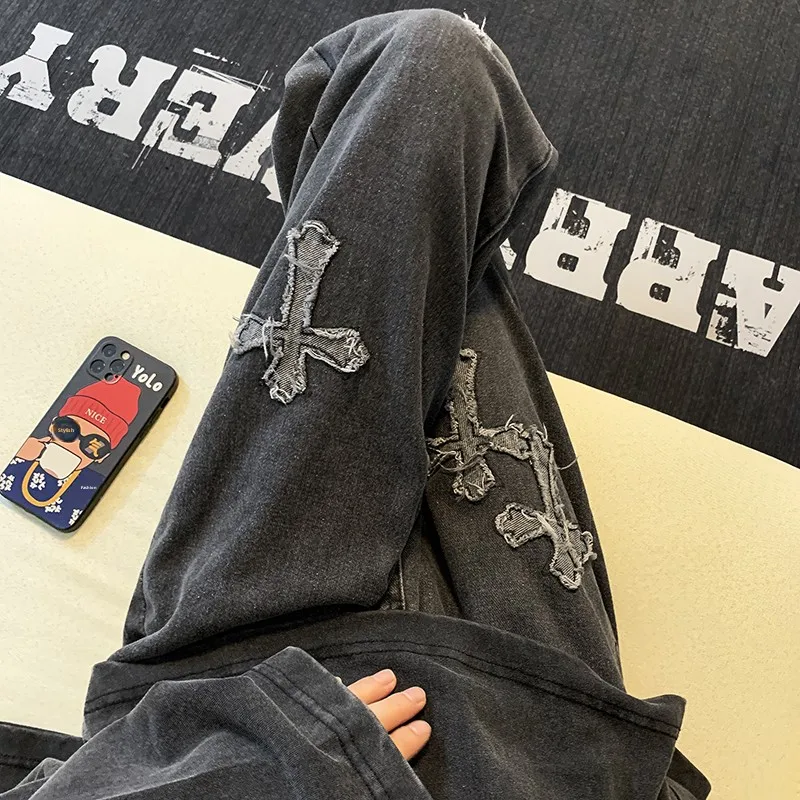 Cross Stitched Casual Jeans Men's Vintage Washed Spring Autumn Loose Straight Leg Zipper Fly mid Low Waist Jeans
