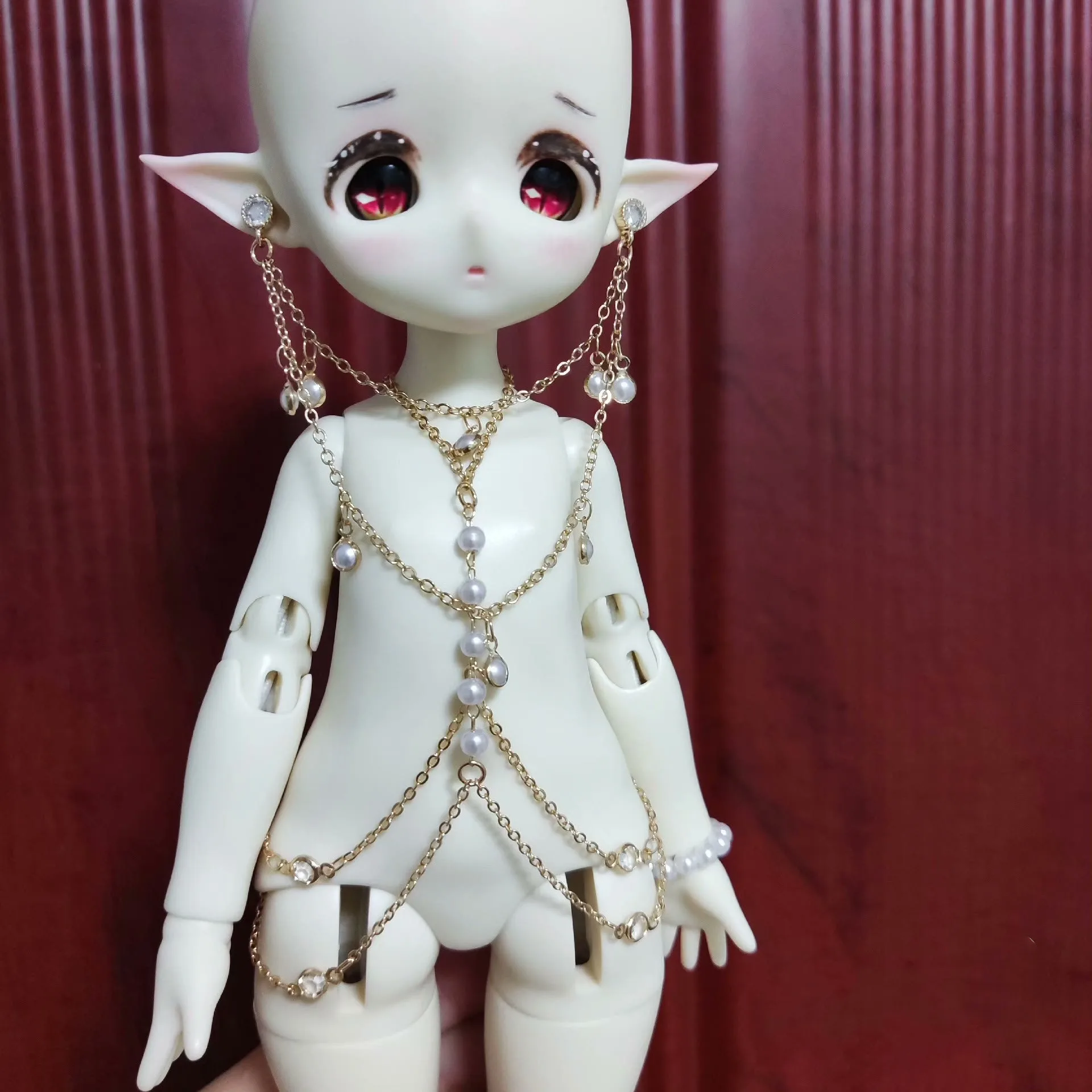 

1/6 BJD Doll Crystal Imitation Pearl European Style Body Chain, Exotic Style Pure Copper Accessory Chest Chain Earrings Decorati