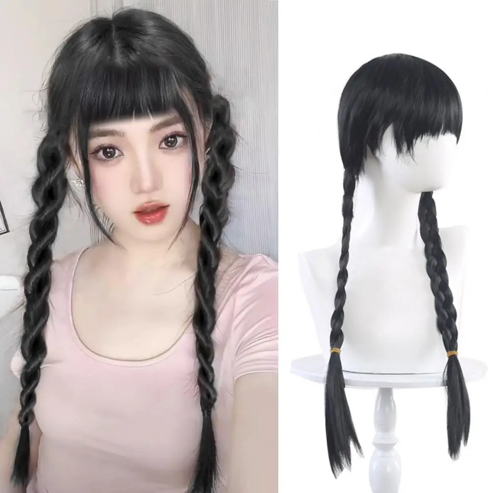 65cm Long Black Braided Wig For Kids Adults Perfect For Halloween Cosplay Parties Natural Wig Adjustable Long Black Straight