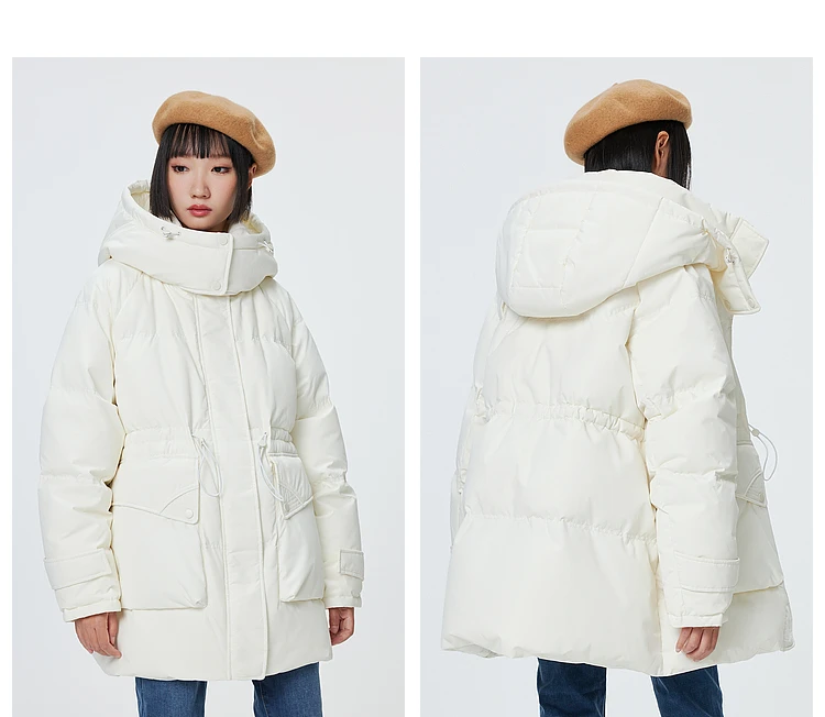 Metersbonwe Women's Oversized Long Hooded Down Jacket Adjustable Pig Nose Buckle Waist Belt Utility Duck Down Parka Warm Winter