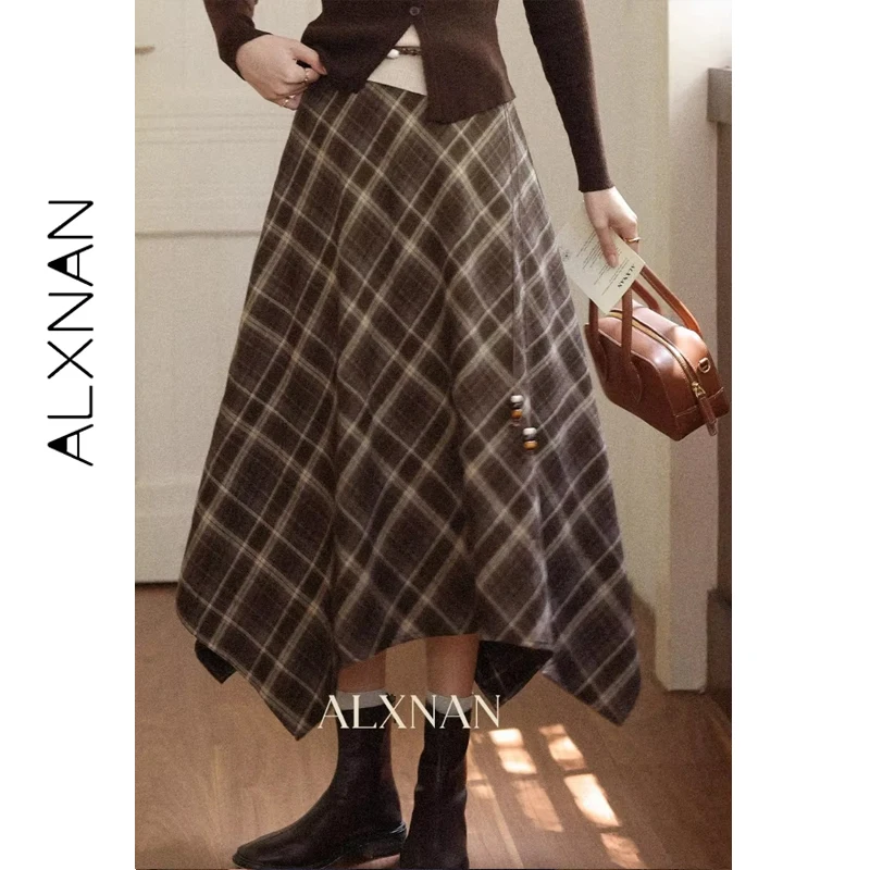 ALXNAN Damenrock, kariert, hohe Taille, unregelmäßiger Saum, A-Linie, 2025, Herbst, schlanker, Damen, sanfte weibliche lange Röcke, L57278