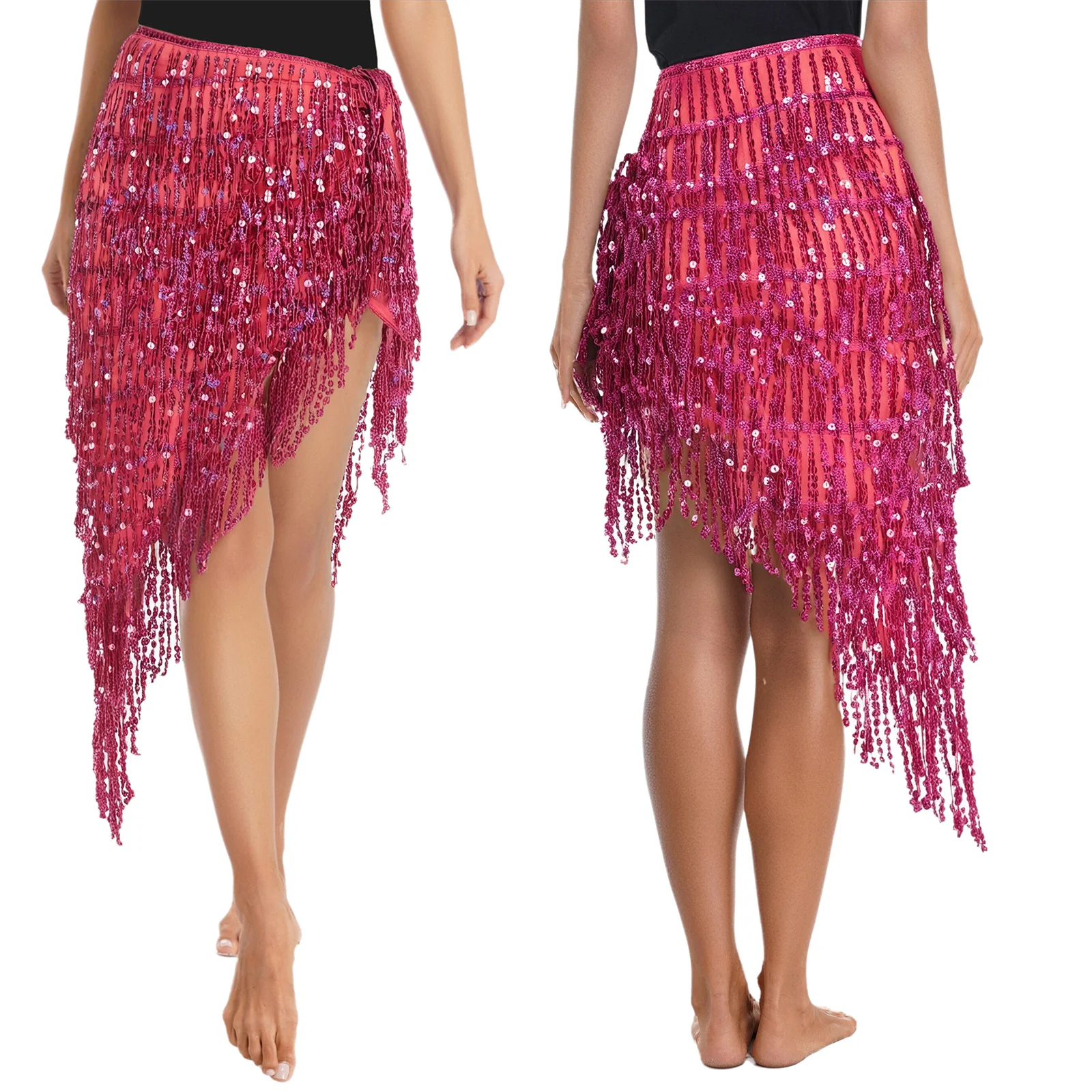 

Womens Belly Dance Spanish Hip Scarf Sequined Tassel Tying Triangle Waist Chain Irregular Cover Up Skirt for Samba Latin Dance