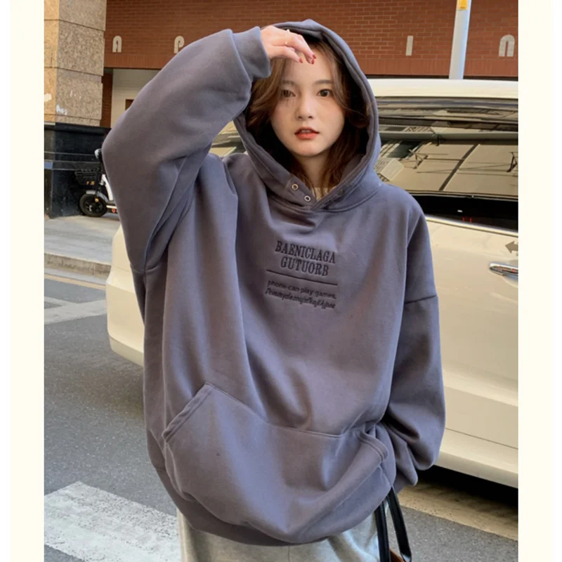 Women White Hoodie Letter Print Sweatshirt  Korean Fashion Hip Hop Oversized Leisure Fleece Thicken Winter New Tops Pullover