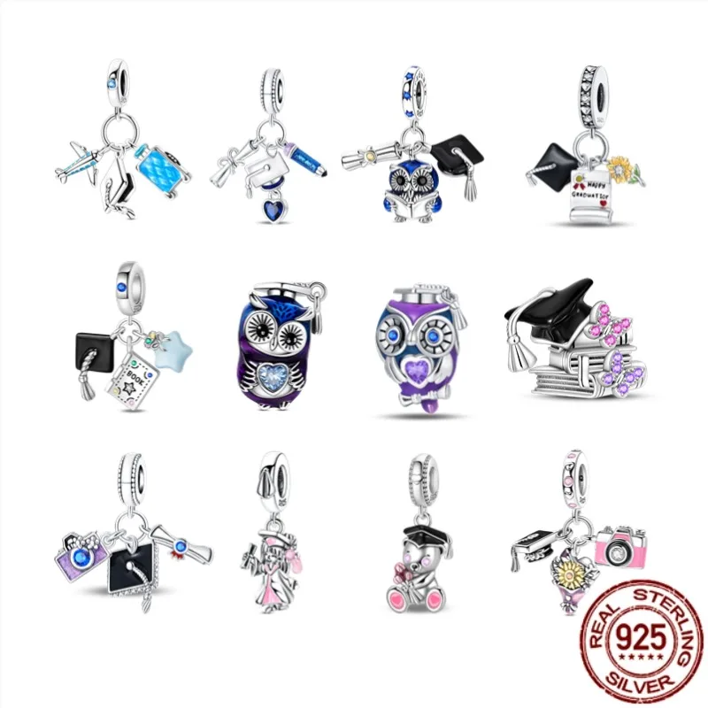 

100% 925 Sterling Silver Graduation Cap Student Girl Classmate owl Bear Flower Certificate Original Bracelets DIY Jewelry Gifts