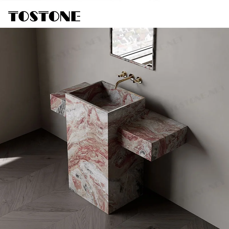 

Напольная раковина-пьедестал Tostone из натурального красного мрамора Monica для декора интерьера ванных комнат в отелях, апартаментах и виллах