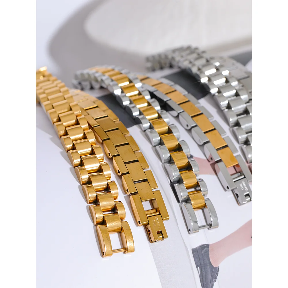 Yhpup 21cm Men Stainless Steel Metal Watch Band Cuban Chain Bracelet Bangle Statement 18K Gold Plated Waterproof Jewelry Bijoux