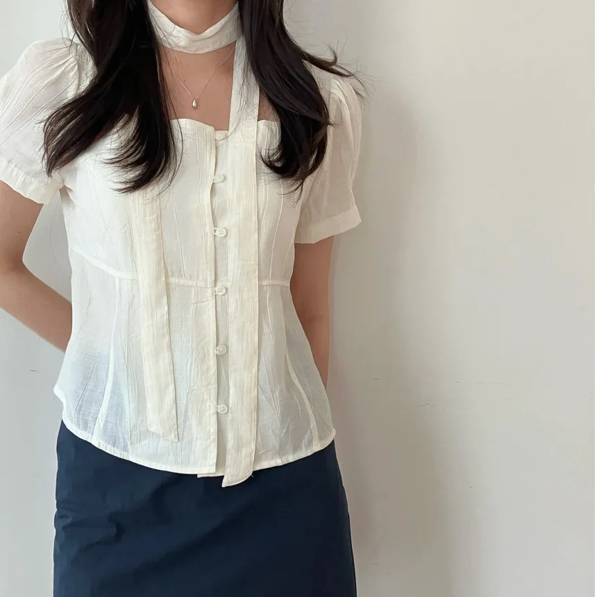 

Chic Vintage Summer ort Sve irt Women's Slim Fit Waist Cinched Single Button Square Collar Top Faionable Versatile