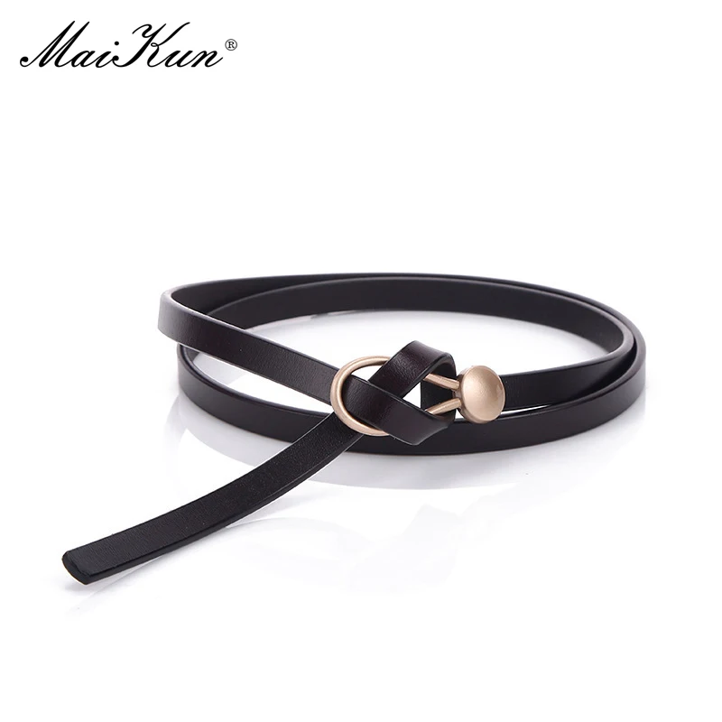 Maikun Genuine Leather Thin Belt Women's Two-Layer Cowhide Knotted Leather Belt Stylish Black Dress Sweater Waistband