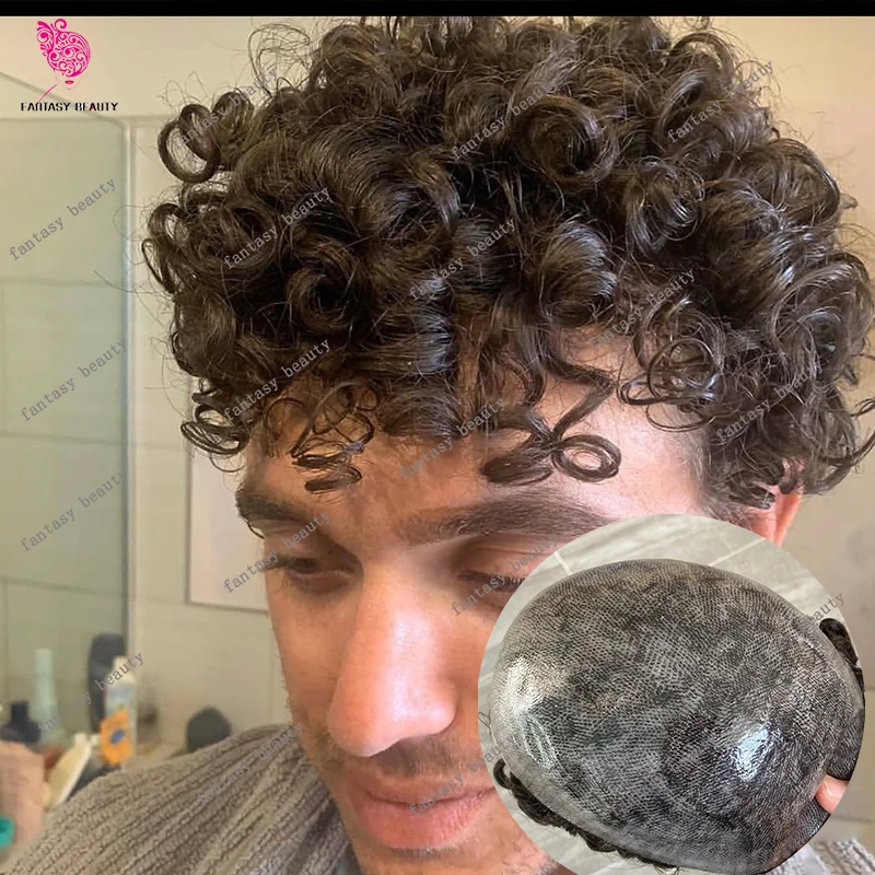 

25mm Curly Dark Brown Black Wig Full Thin Skin Base 100% Human Hair Men's Toupee Super Durable Prosthes Natural Frontline System