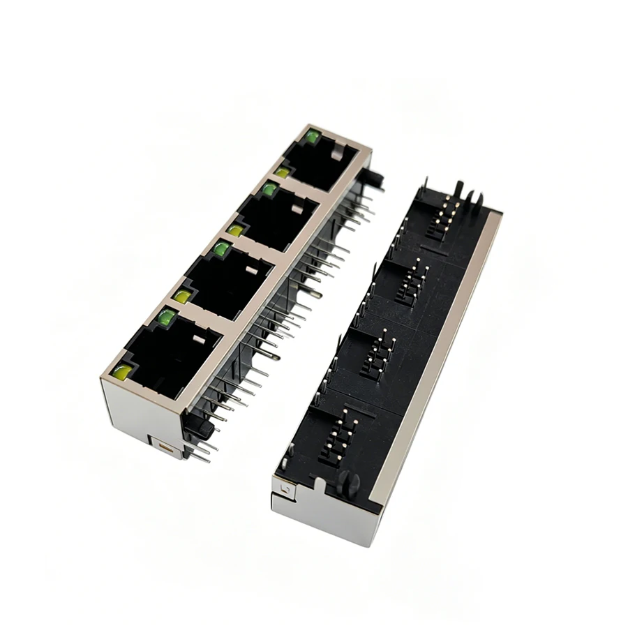10PCS/Lot RJ45  8P8C 4 Ports Steel Shield Network Female Jack/Socket Connector  1*4P 90 Degree with LED