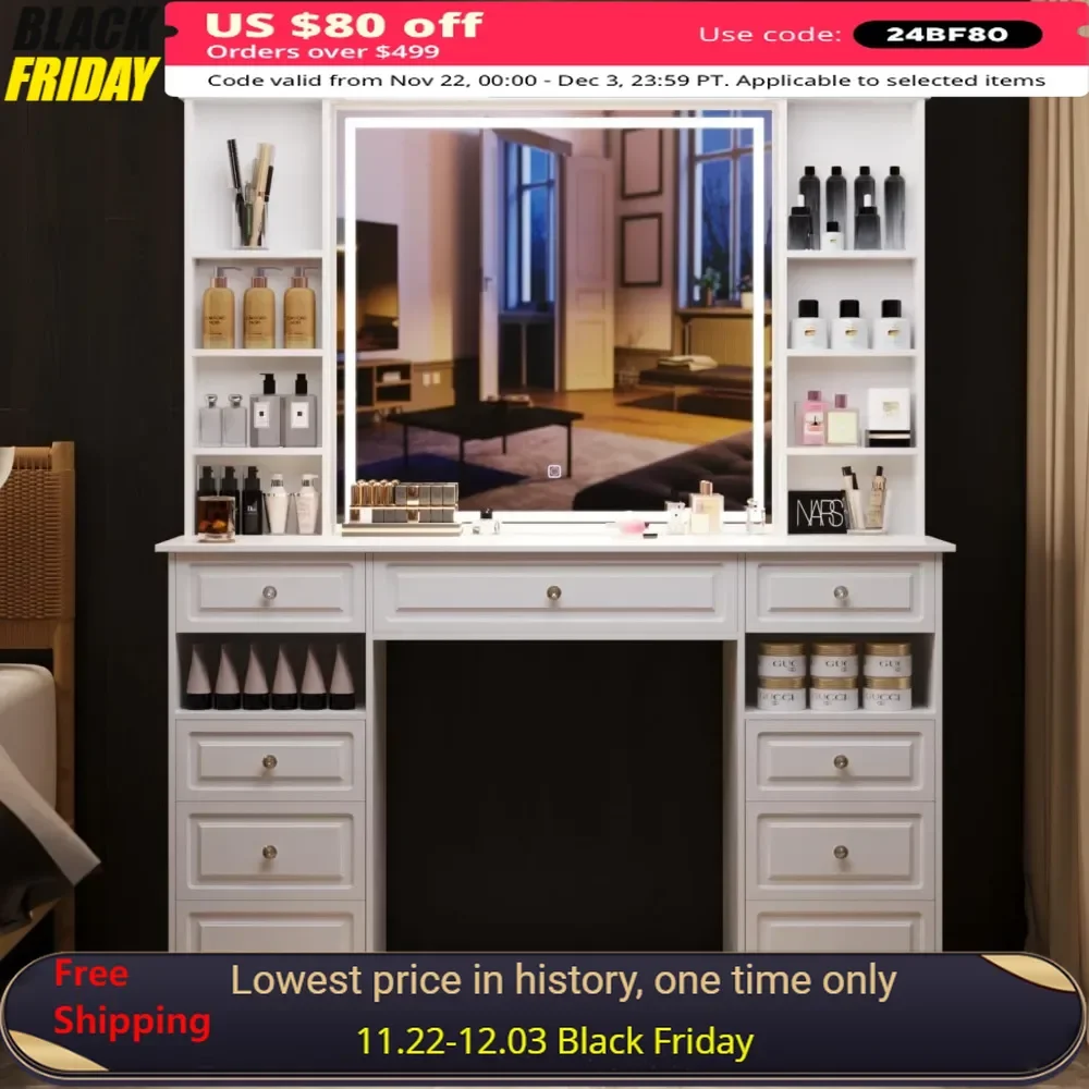 Dressers with Lighted Mirror,Huge desktop Makeup Vanity Table with 9 Drawers,European Style Vanity, Crystal Ball Knobs, Dressers