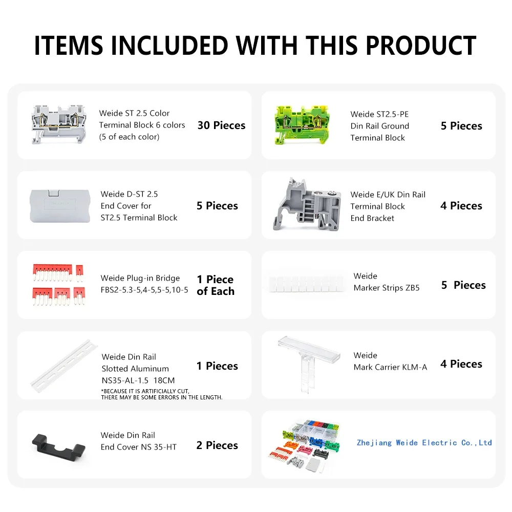 ST2.5 Spring Contact Din Rail Terminal Block Kit End Cover Stop Plug-In Jumper Bridge Marker Strip Assembly Combined 12AWG 1Set