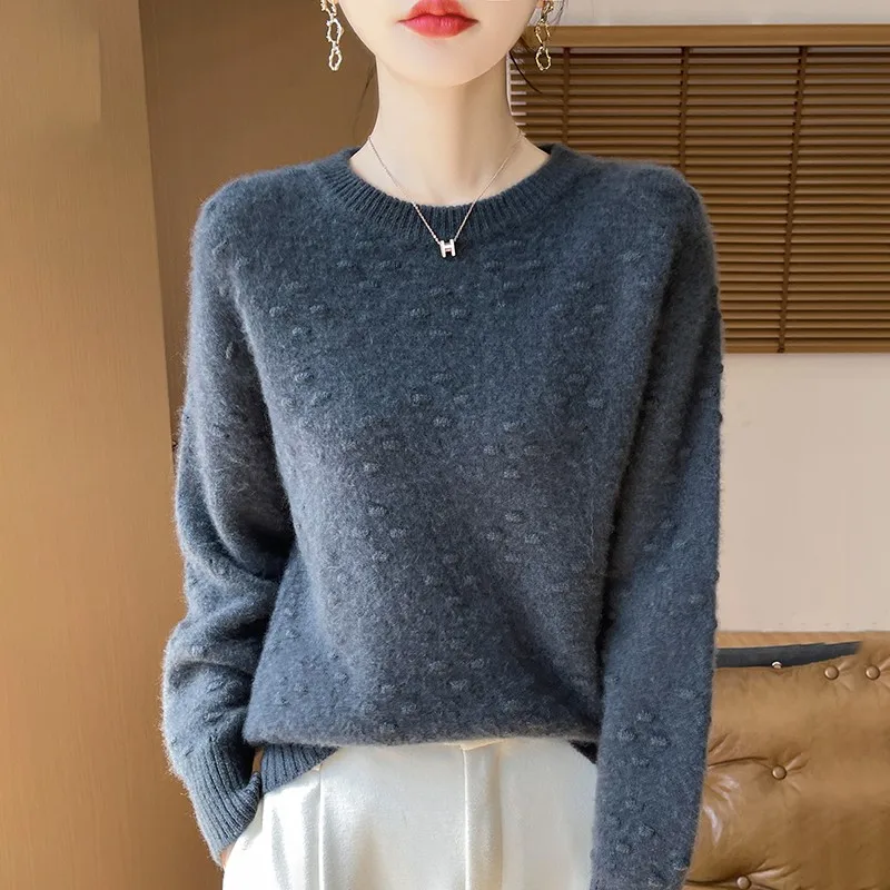 Warm Thick Wool Sweater For Women Round Neck Elegant Solid Color Loose Jumper AutumnWinter 100% Pure Wool Knit Pullover sweater