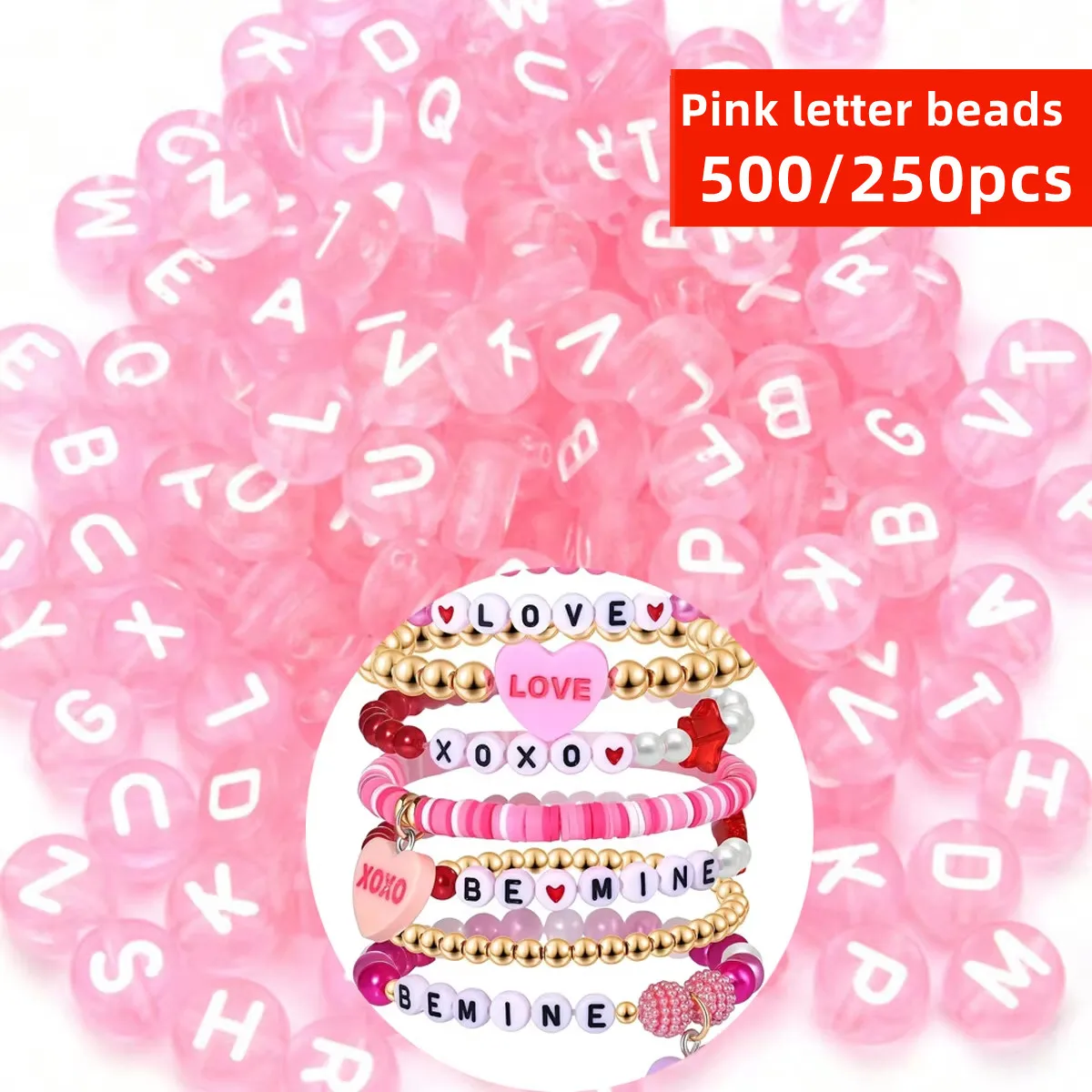 500/250 Stück 7 mm transparente rosa Buchstabenperlen, Valentinstag-Farben, für Halsketten, Armbänder, Schmuck, Perlen und Perlensortimente
