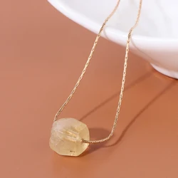 Natural Stone Citrine Beads Necklace Square Faceted Raw Mineral Stone Pendant Fashion Gold Color Adjustable Chain Pendant Gifts