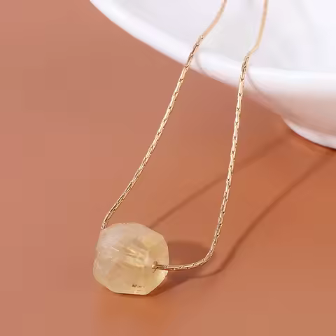 Natural Stone Citrine Beads Necklace Square Faceted Raw Mineral Stone Pendant Fashion Gold Color Adjustable Chain Pendant Gifts