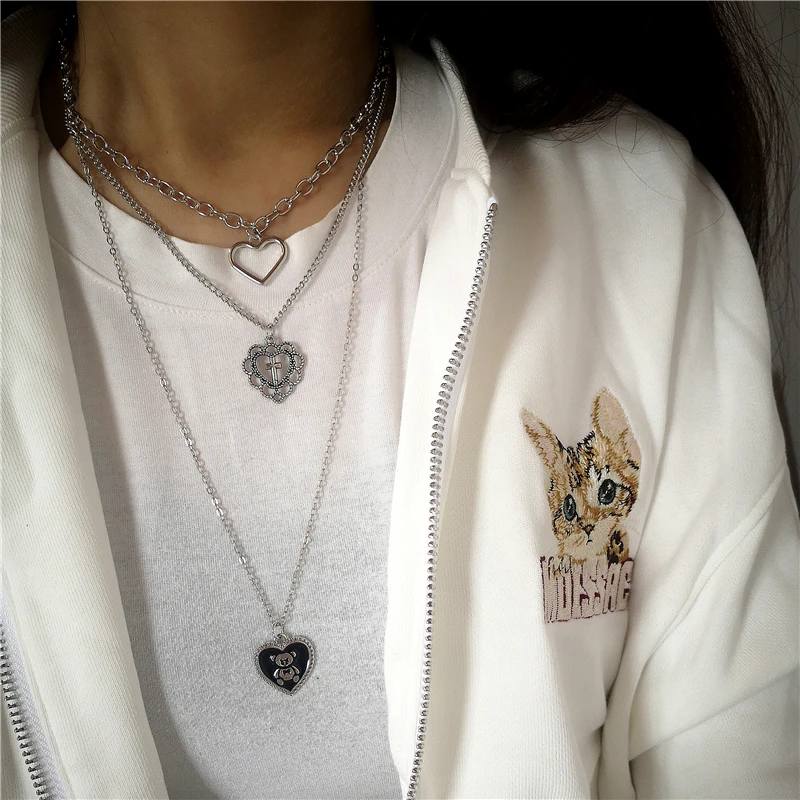 Kpop Goth Silver Color Heart Cross Pendant Chain Necklace For Women Men Egirl Y2K Cool EMO Punk Aesthetic Grunge Jewelry Gifts