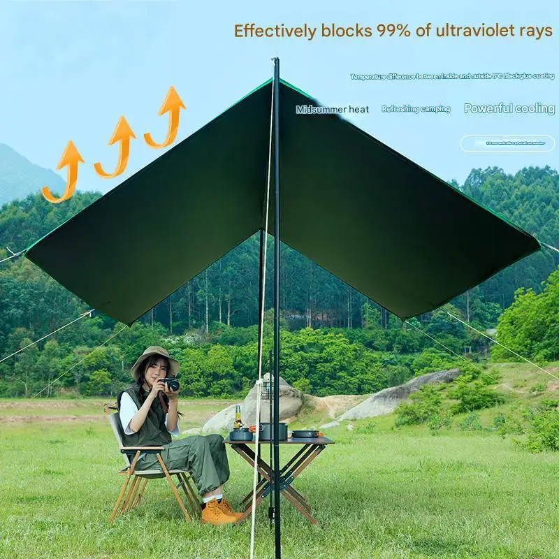 Portable Sturdy Waterproof Tarp Tent Easy-Fold Shade Sun Protection Outdoor Support Structure for Wild Includes Pole Accessory
