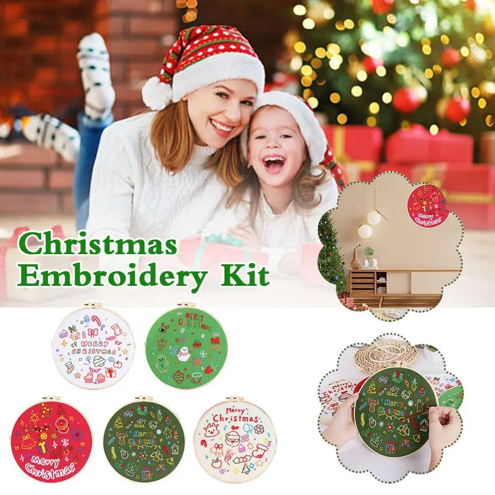 1Pc Christmas Embroidery Kit For Adult Beginners Handmade Embroidery DIY Material Bag Embroidery Cloth Hoops Threads Christmas