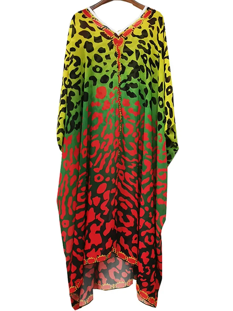 Over Size Bohemian Dress Chiffon Beach Cover Up  V Neck Print Beachwear Summer Kaftan Dress Robe Plage Swimsuit Cover Up