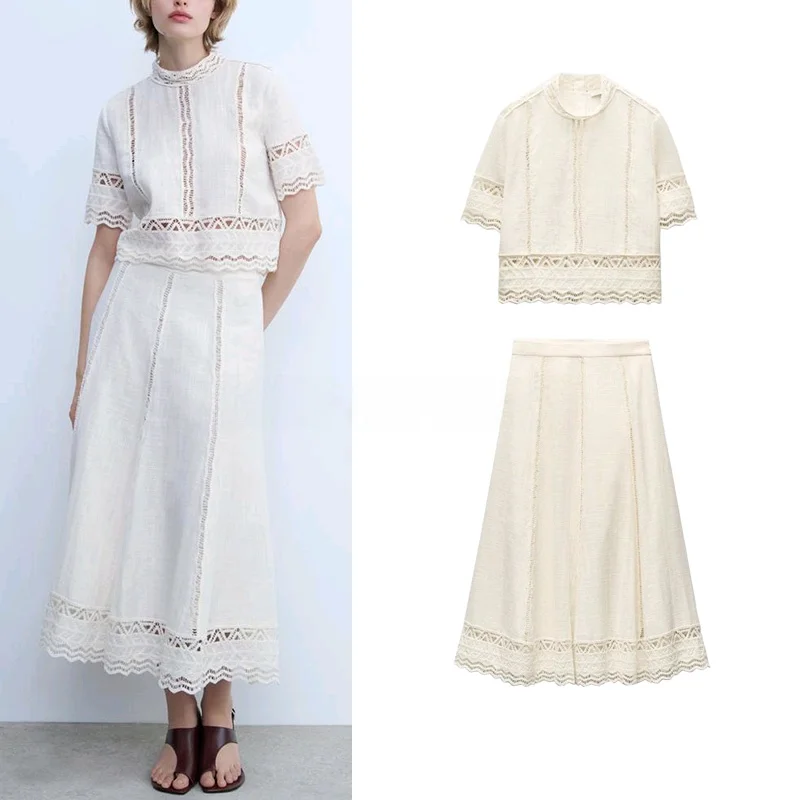 

Comfortable ort Sve Hook Knit Stand Collar irt And Skirt Set Women's Faion Spring Collection Versatile Casual Outfit