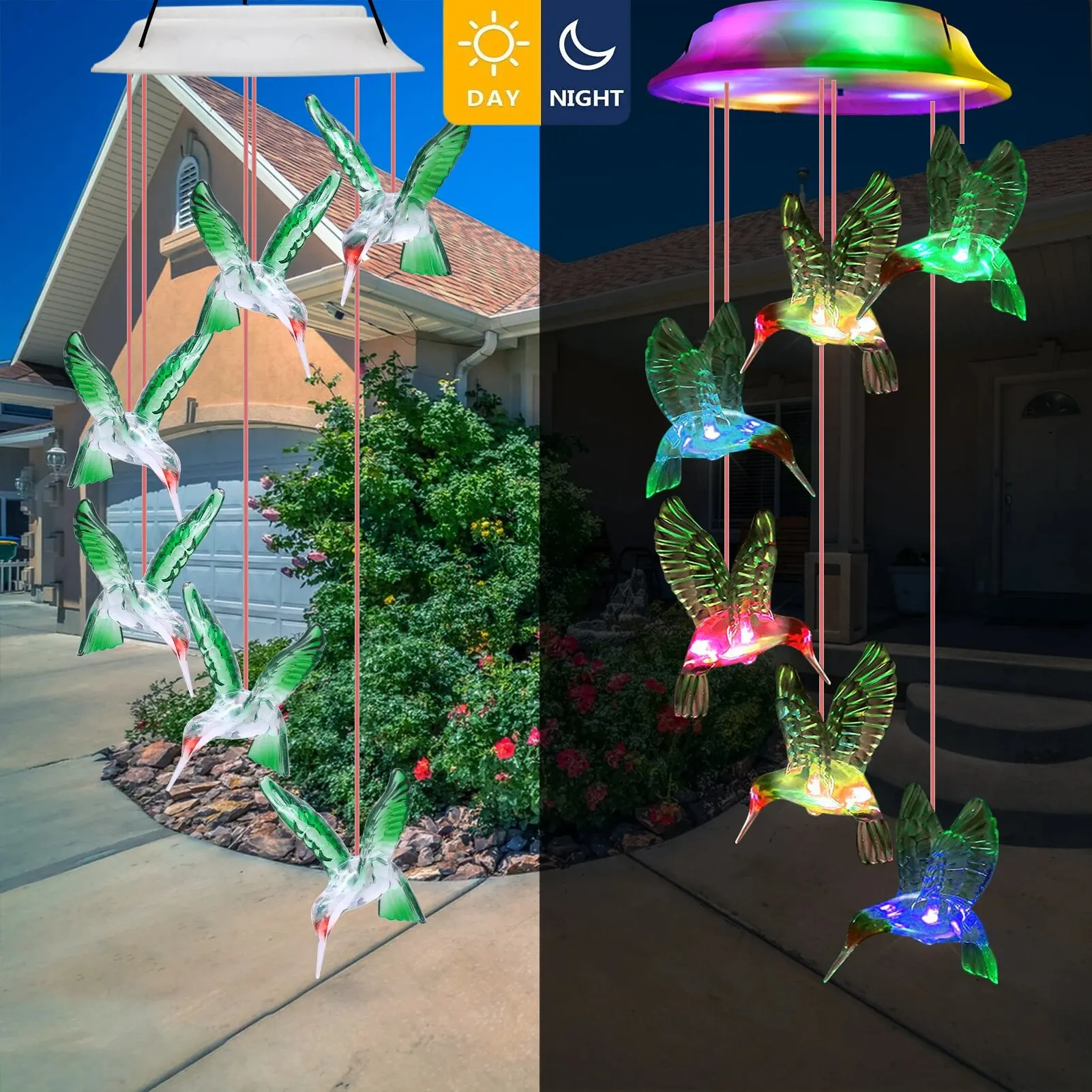 Solar Powered Outdoor Waterproof and Color Changing Hummingbird Wind Chimes for Garden Decoration Gifts