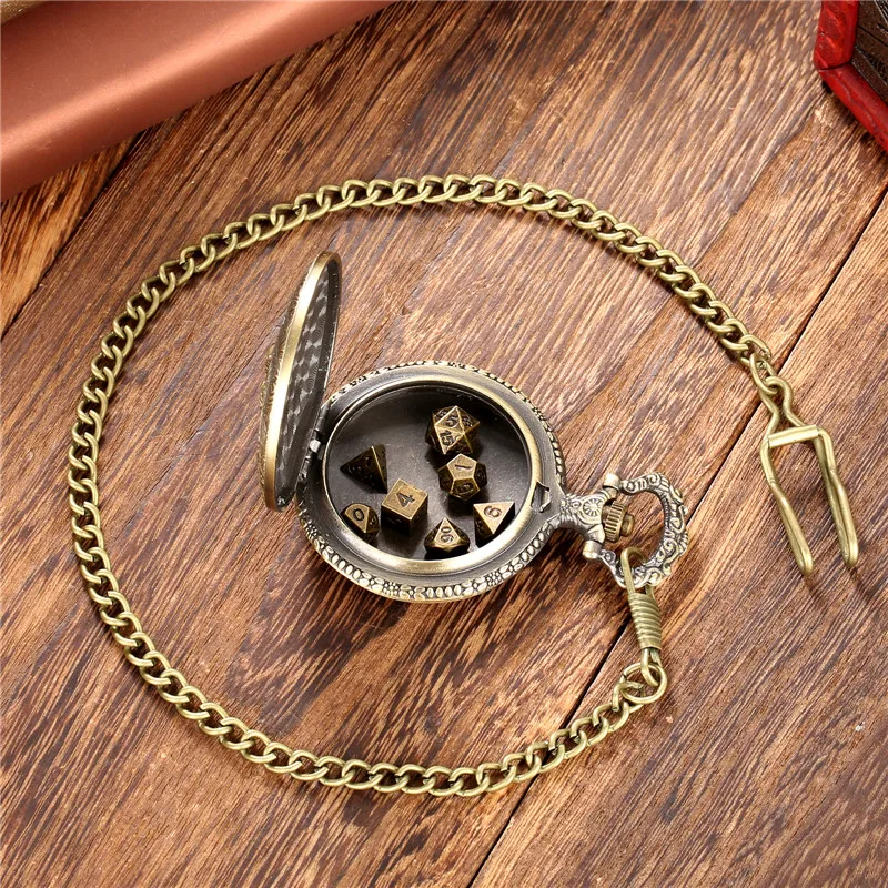 Mini DND Dice Set Steampunk Warlock Pocket Watch Shell Case 7pcs Polyhedral Metal D&D Dice Set for Dungeons and Dragons dice box