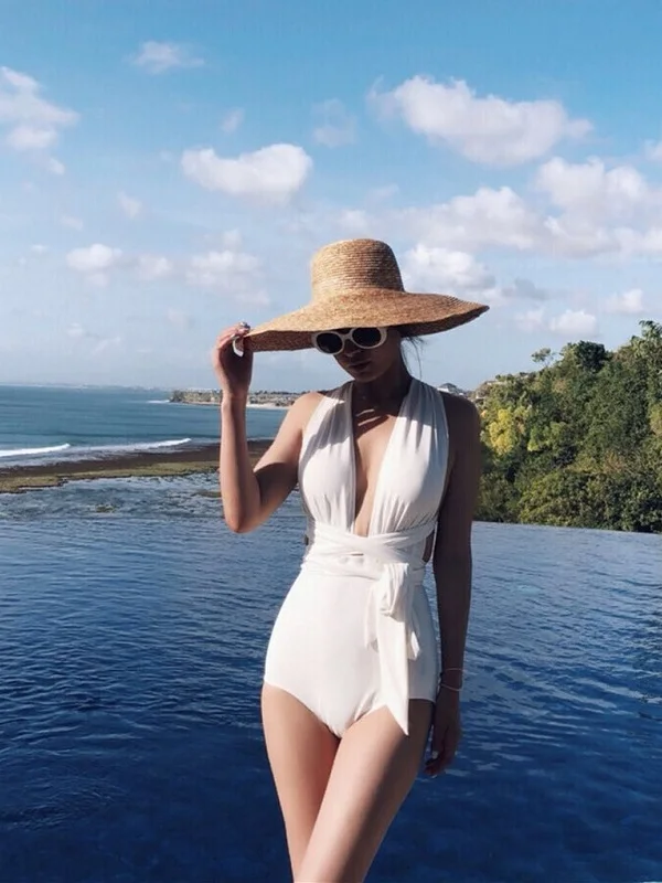 

White Deep V Ne Piece Swimsuit Women's Sexy Cover up Bal Holiday Sle Swimming Suit Casual Leisure Swimwear